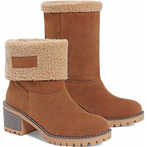 Women's Chestnut Winter Boots Fur Lined Chunky Heel Slip On Snow Boot Warm Shoes